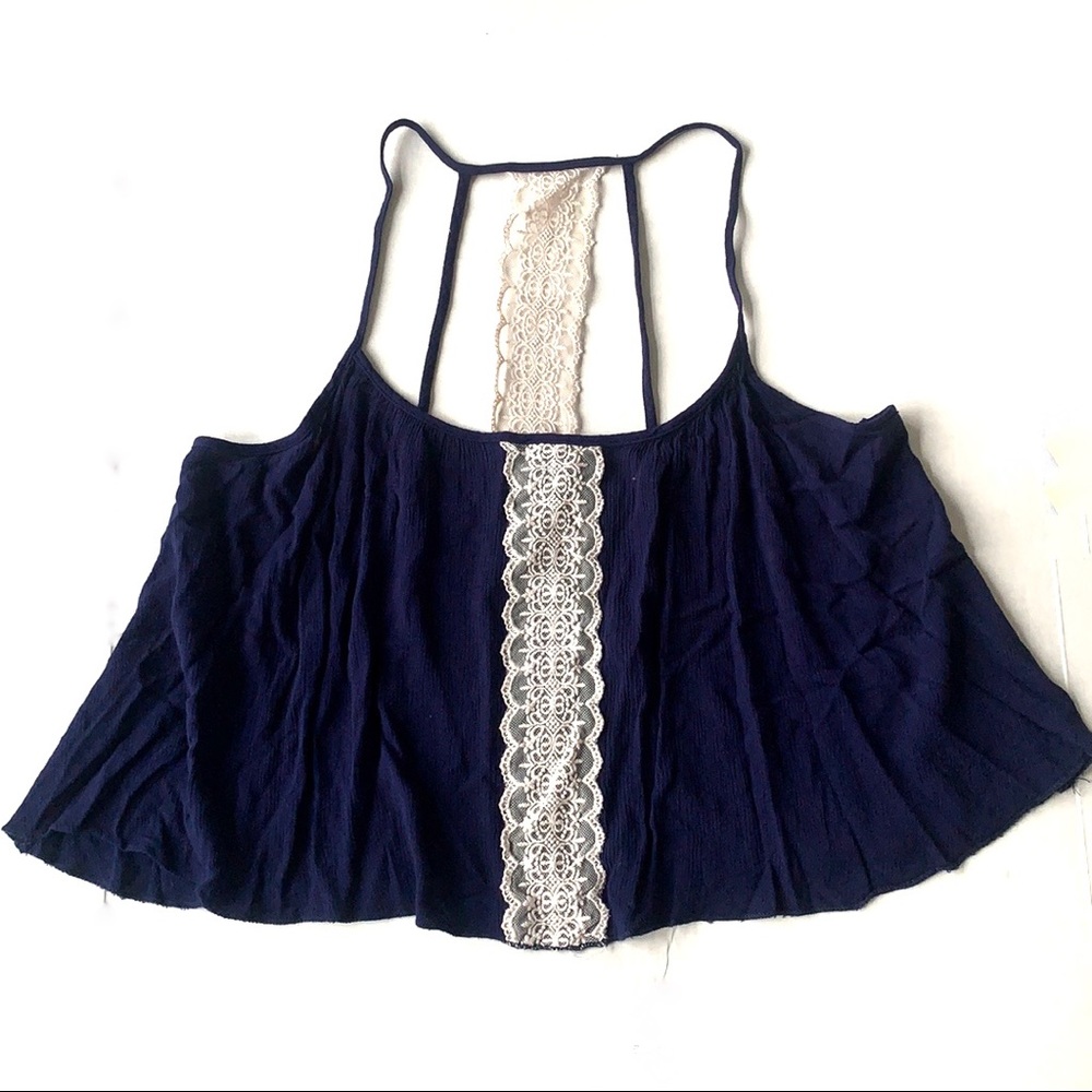 January 7 Navy Blue Lace Cropped Tank | Scalloped Hem Lace Cami | Size M
